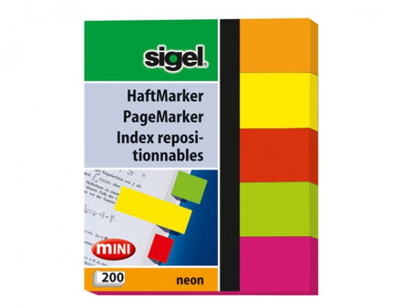 Haftmarker Sigel 50x60mm Mini-Marker Neon 200Blatt orange, gelb, rot, grün, pink